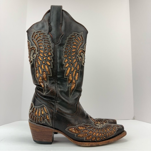 Corral size 7M Women’s Brown Leather Sequin Fleur De Lis Wings Western Boots - Picture 1 of 11